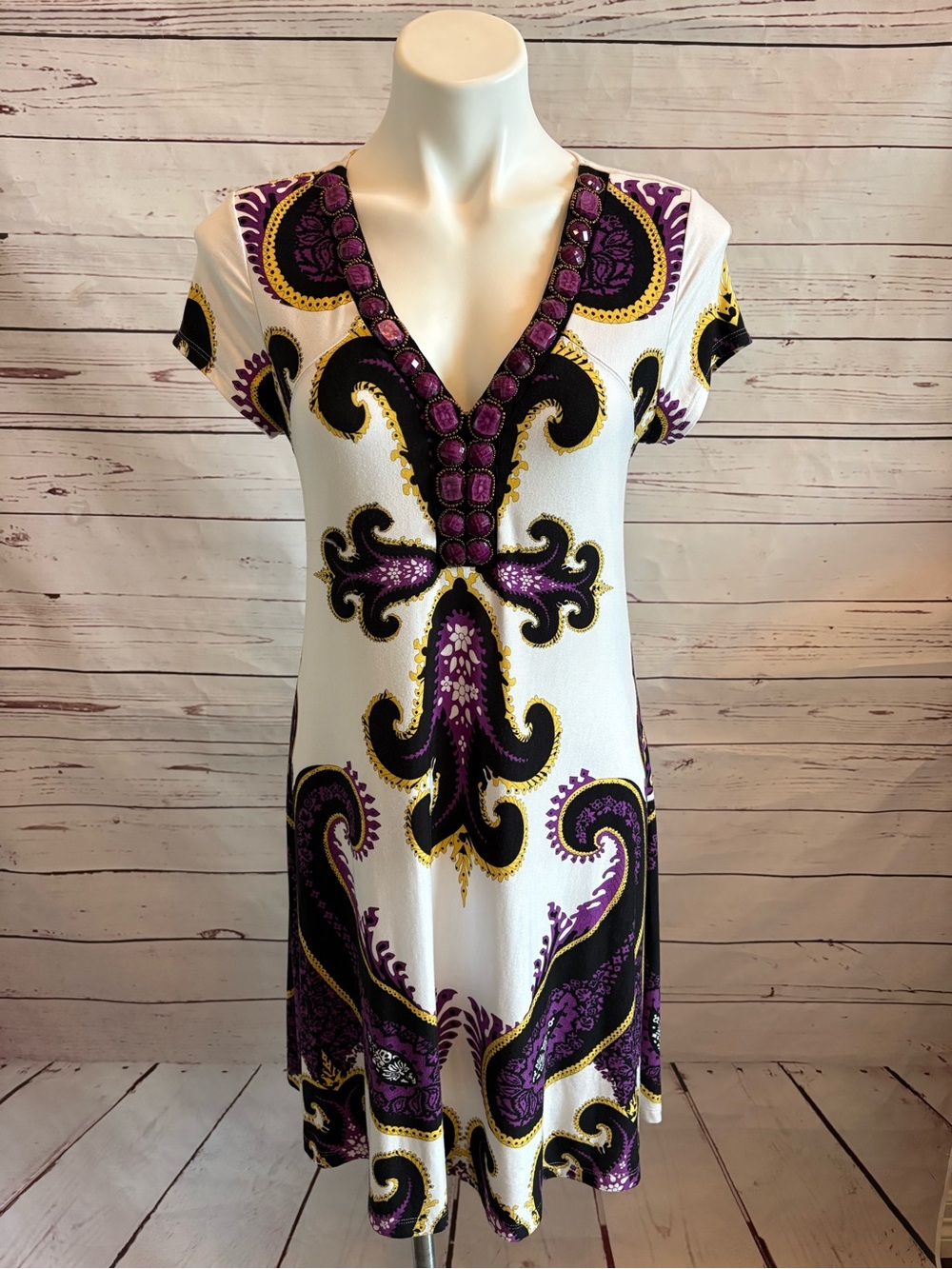 Karen Kane Boho Dress Paisley Scroll Print VNeck White Purple Beaded Size Medium